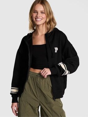 PINK Victoria's Secret Black zip up Hoodie with Cream Logo Accent size L